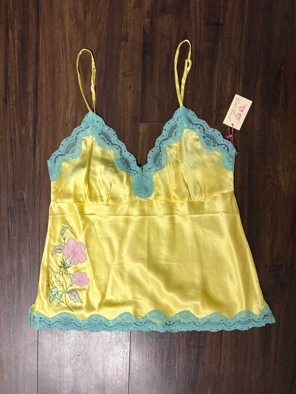 Gold Hawk 100% Silk Yellow Camisole with Aqua Lace Trim